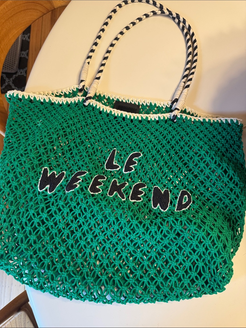 Clare V Green Crochet 'Le Weekend' Tote with Black & White Trim